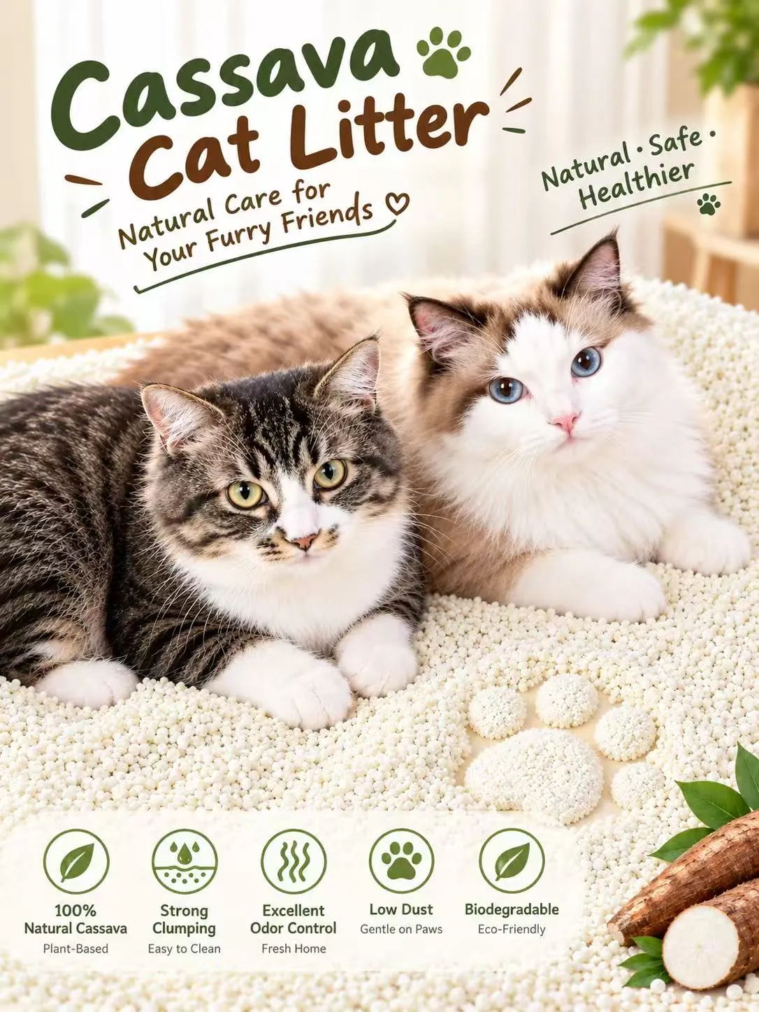 Two cats on cassava cat litter with product-benefit icons and retail packaging