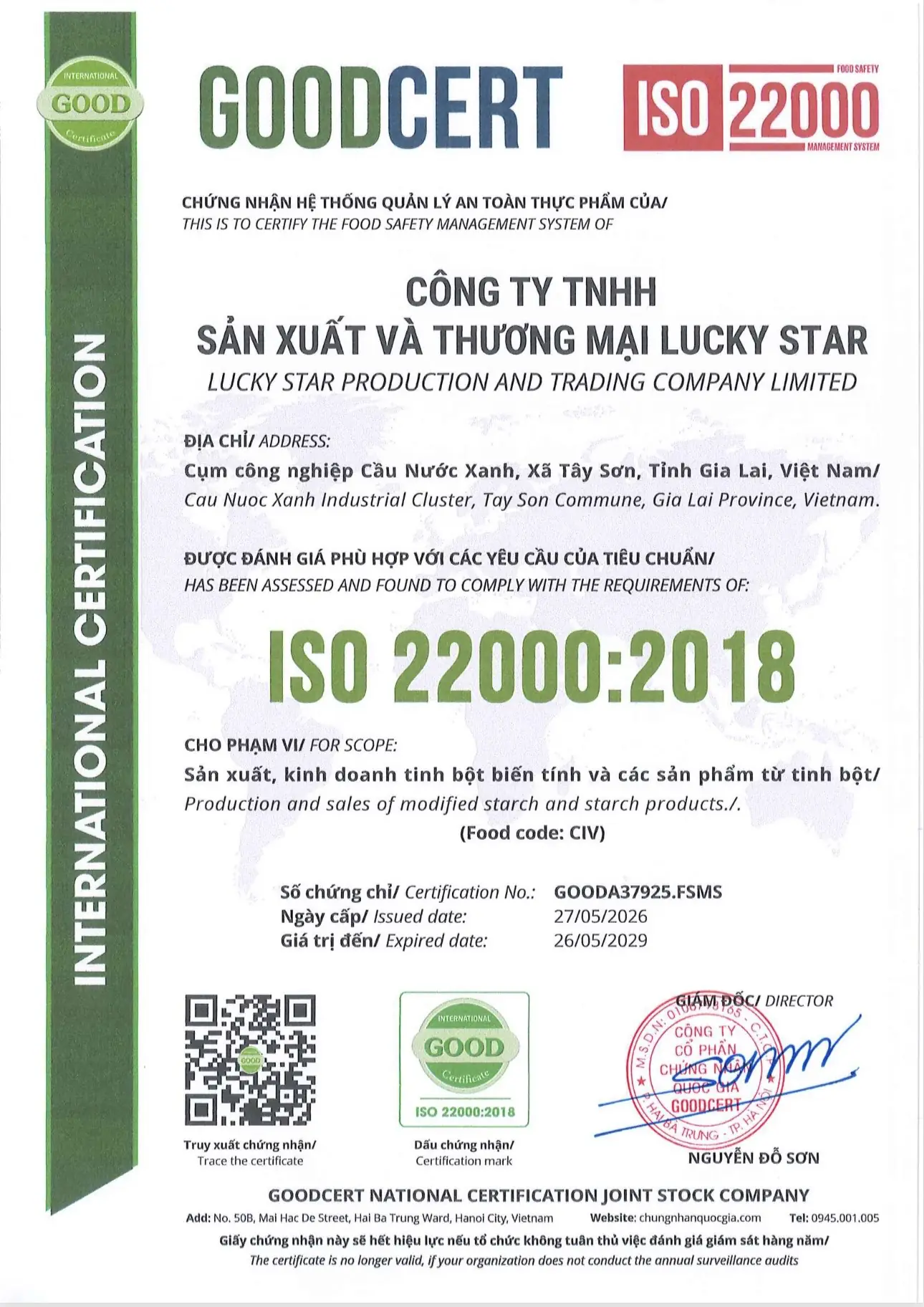 ISO 22000:2018 certificate issued to Lucky Star by GOODCERT
