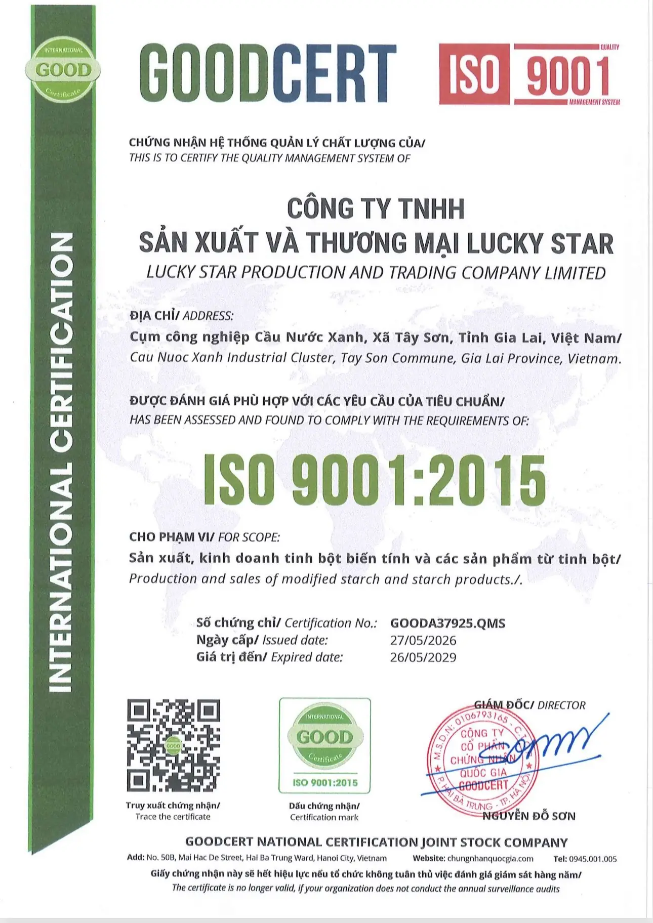 ISO 9001:2015 certificate issued to Lucky Star by GOODCERT