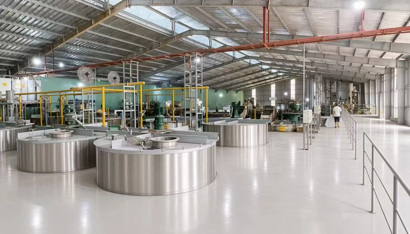 Stainless steel reaction tanks in the production hall