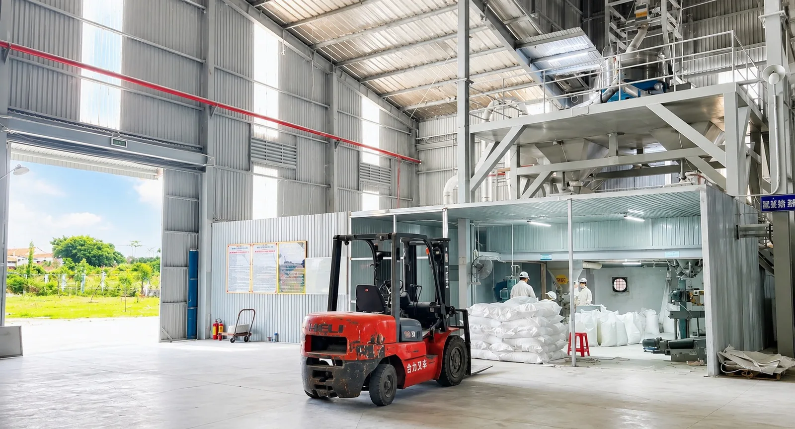 Production hall with forklift and bagged cassava products at the Lucky Star factory