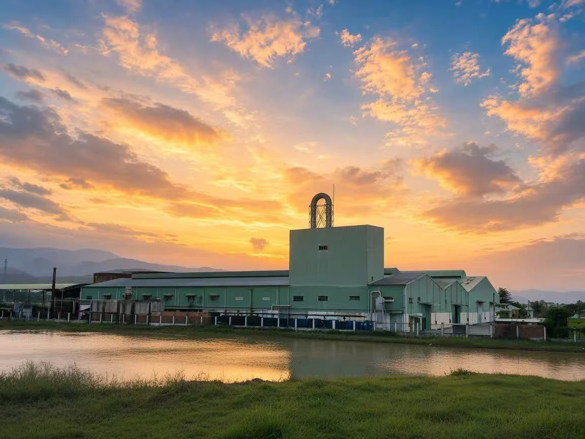 Lucky Star cassava processing factory in Tay Son, Gia Lai Province, Vietnam at sunset