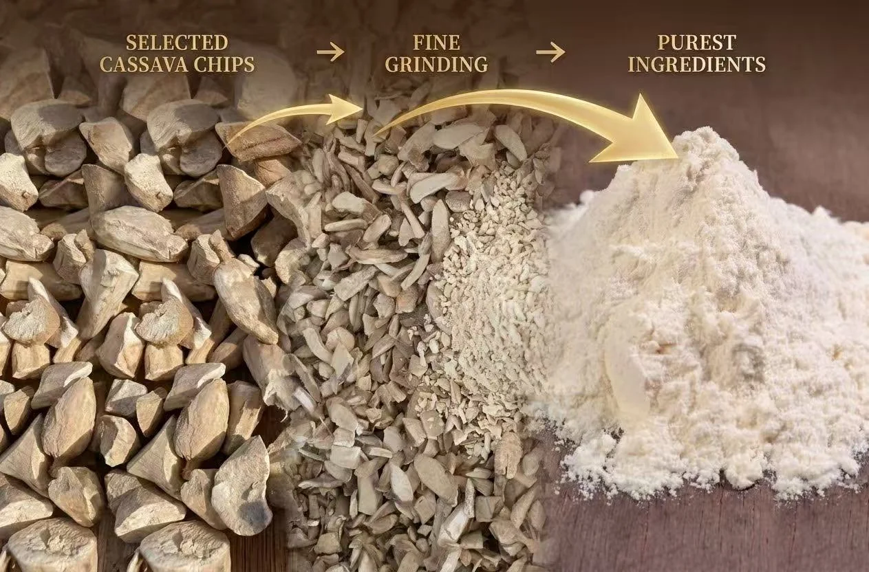 Cassava chips, fine grinding and starch powder — three processing stages